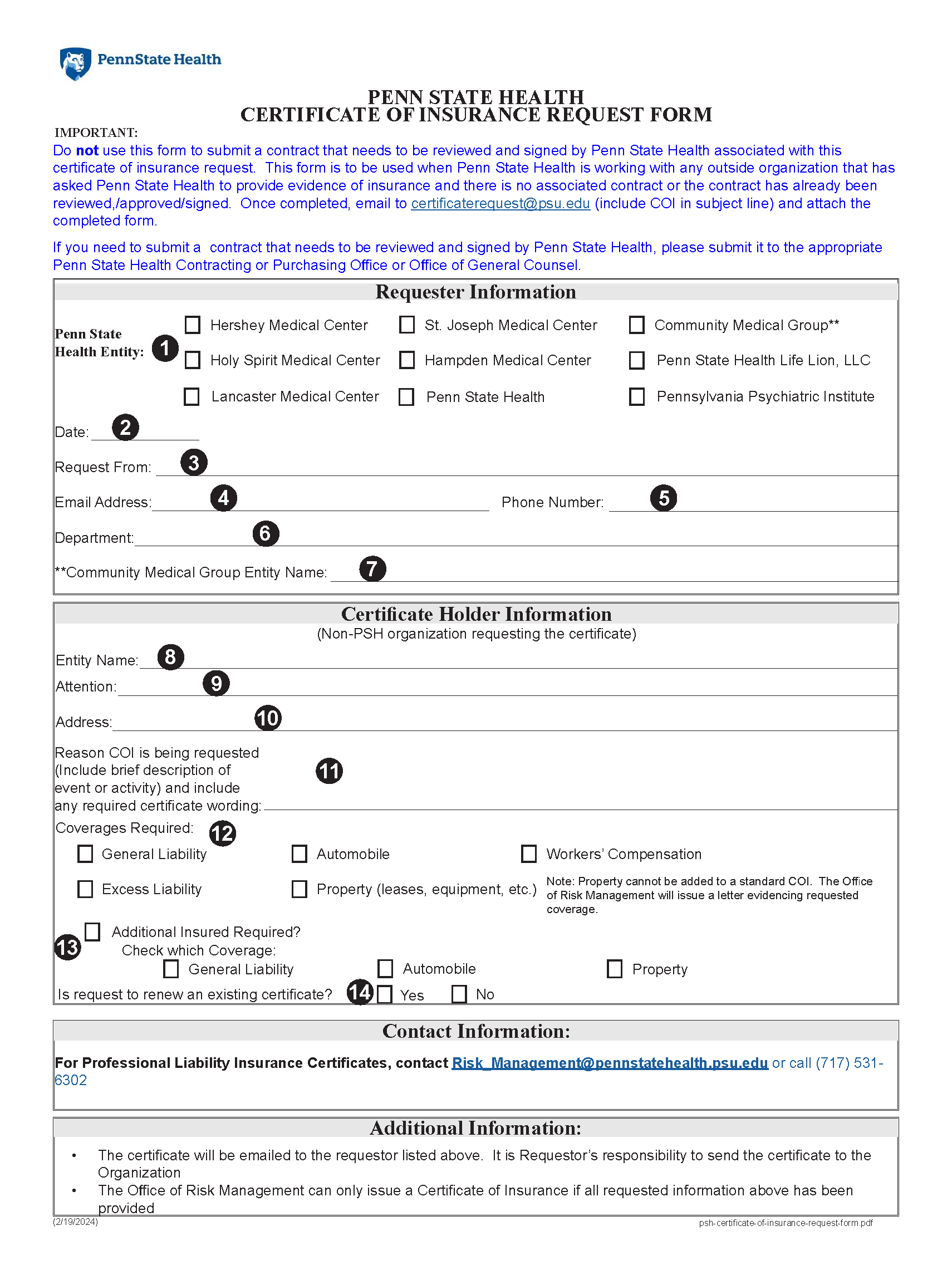 Image of Penn State Health Certificate of Insurance Request Form